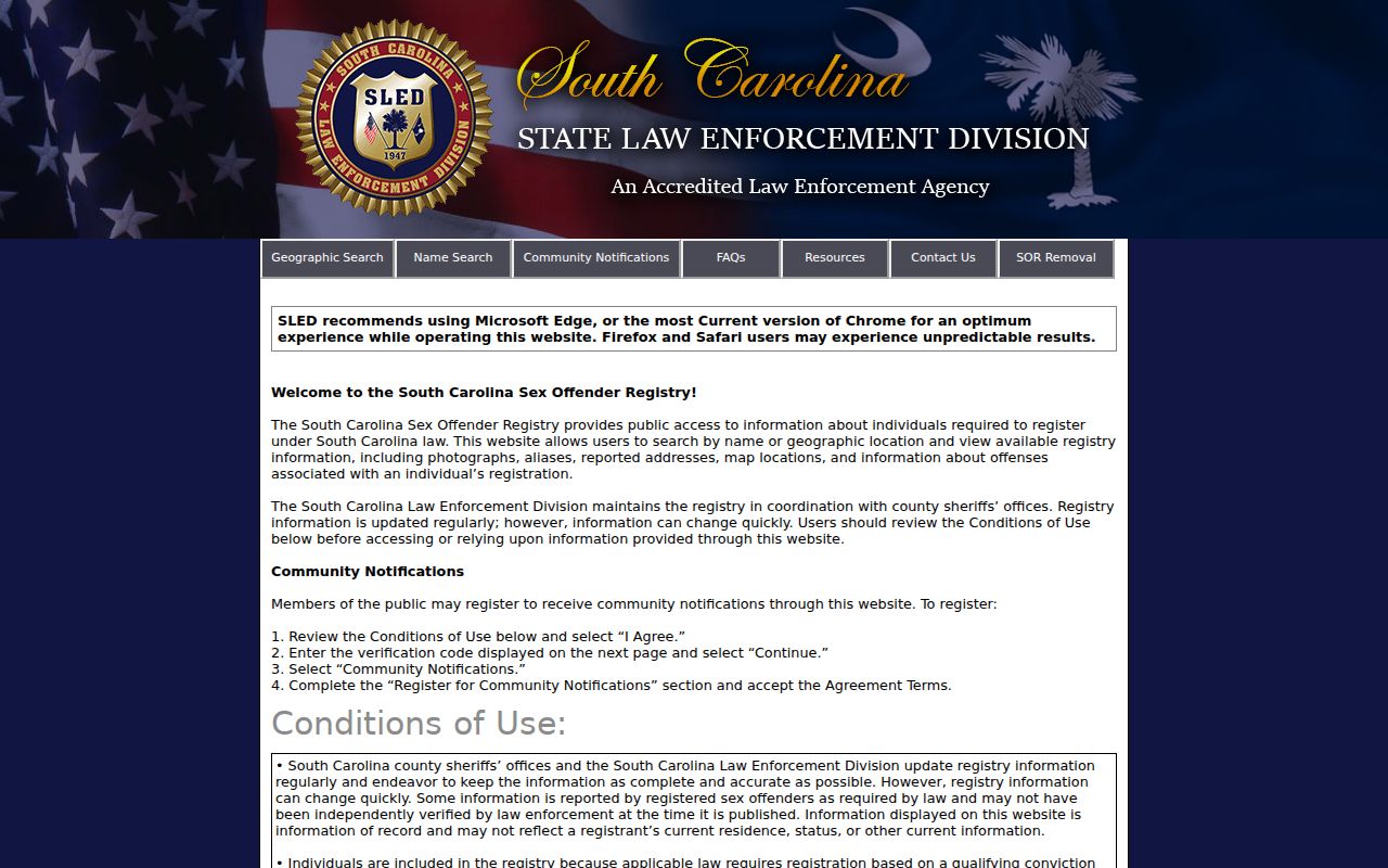 Sumter resident lookup reference to SLED registry conditions of use