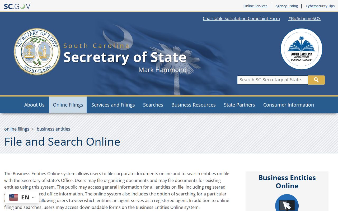 Sumter street directory reference to South Carolina business entity search