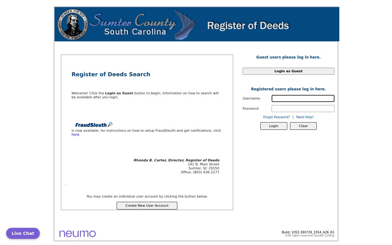 Sumter previous residents Register of Deeds index gateway